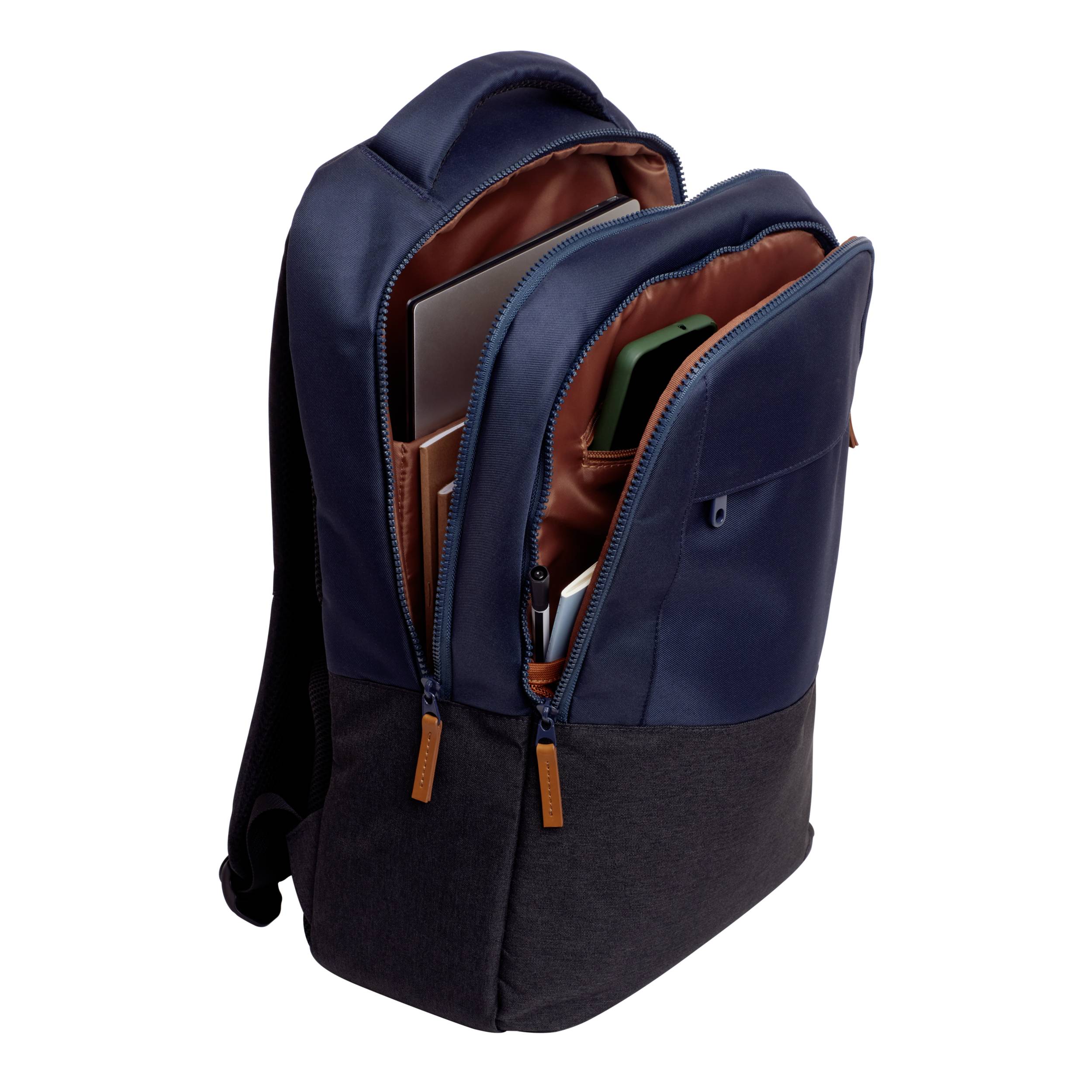 A spacious, two-tone backpack with multiple compartments, capable of holding laptops and books. Suitable for school or work.