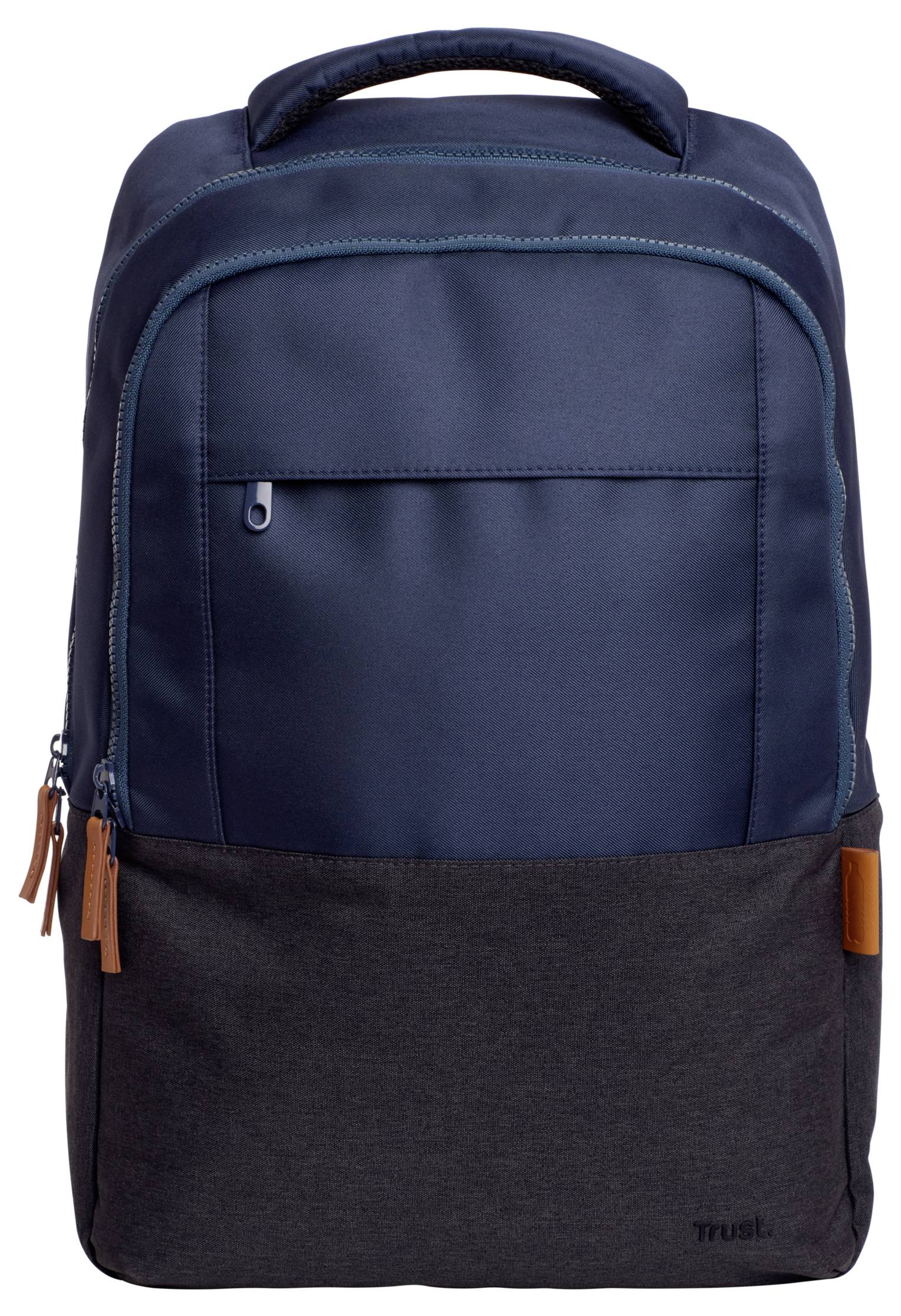 A navy blue rucksack with a large main compartment and two smaller pockets, with leather details on the zips.