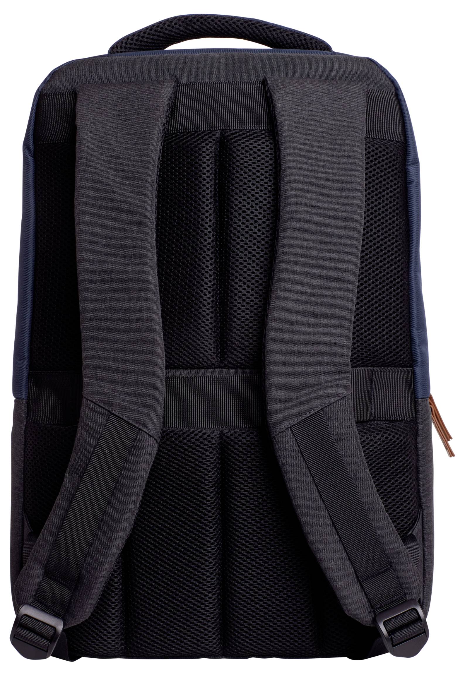 Black rucksack with two padded shoulder straps, breathable back panel, and a carry handle on top.