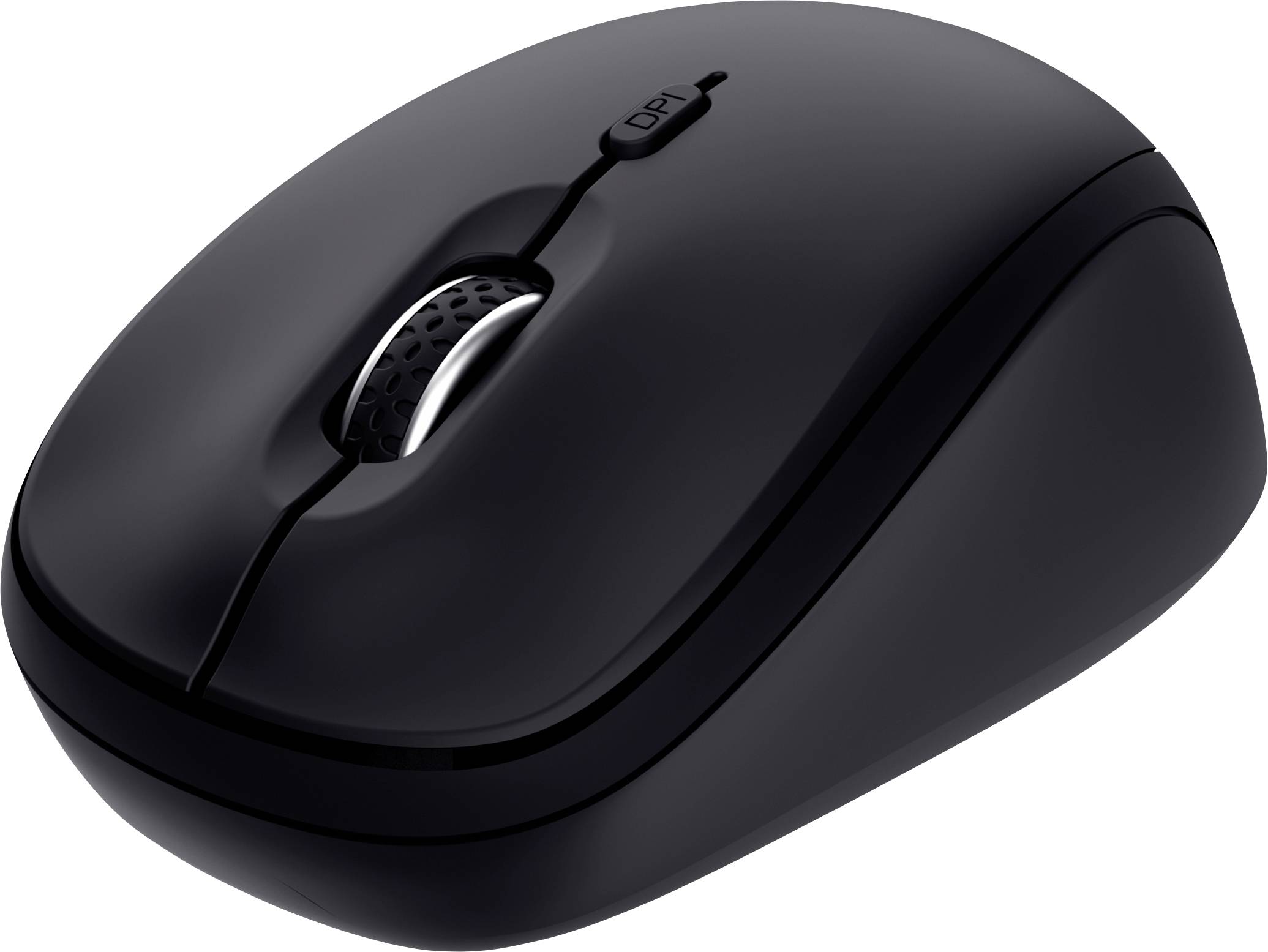 A wireless black computer mouse with a scroll wheel and DPI adjustment button on the top surface.