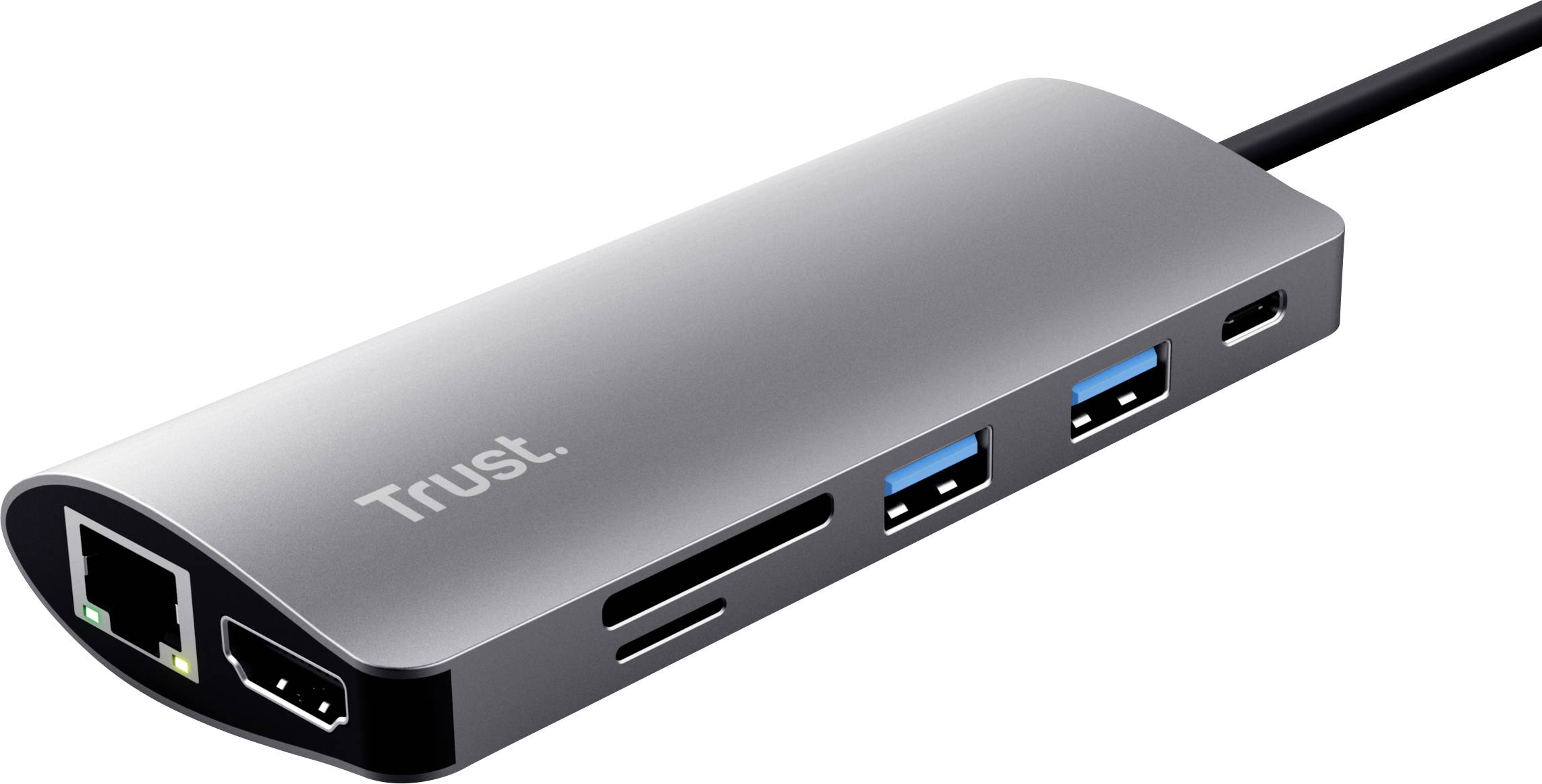 A silver USB-C hub with Ethernet, HDMI, two USB 3.0 ports and memory card slots.