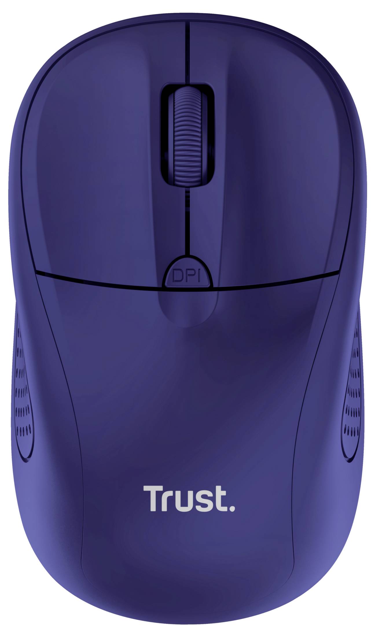 A blue wireless computer mouse with 'Trust' text on the front, and a DPI button beneath the scroll wheel.