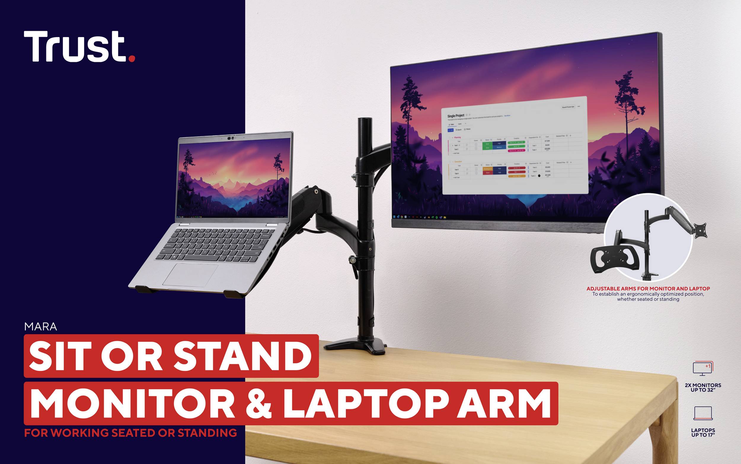 'Mara' trust monitor and laptop mount holds a laptop and monitor at an ergonomic angle, suitable for sitting or standing work.