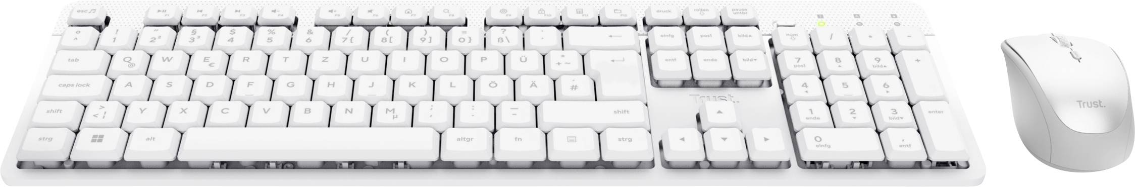 White keyboard with full key layout and wireless mouse beside it.