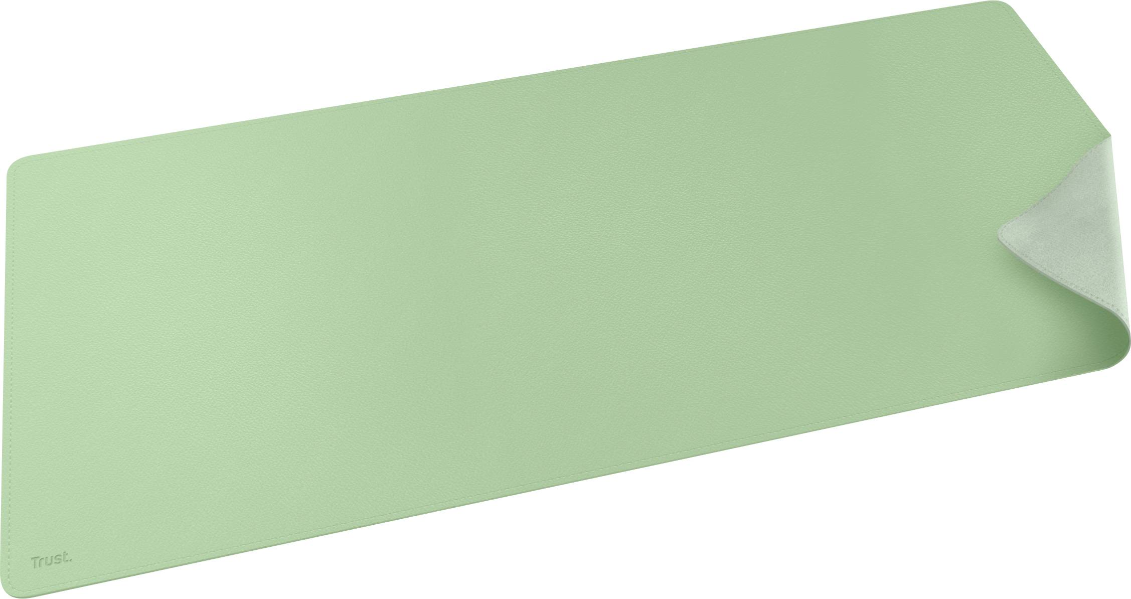 Green desk mat with rounded corners, one corner slightly folded back, revealing the white underside. Suitable for office work.