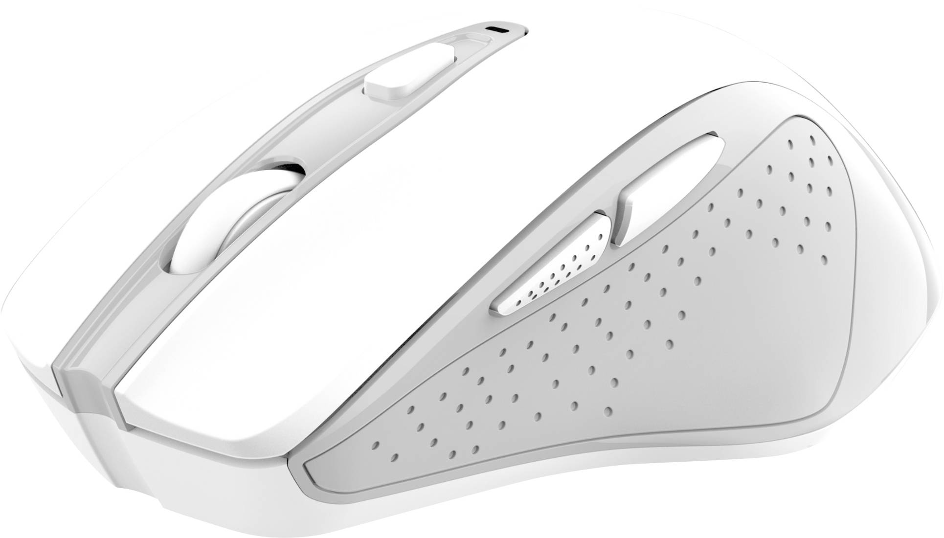 White computer mouse with side rubber grips and scroll wheel.