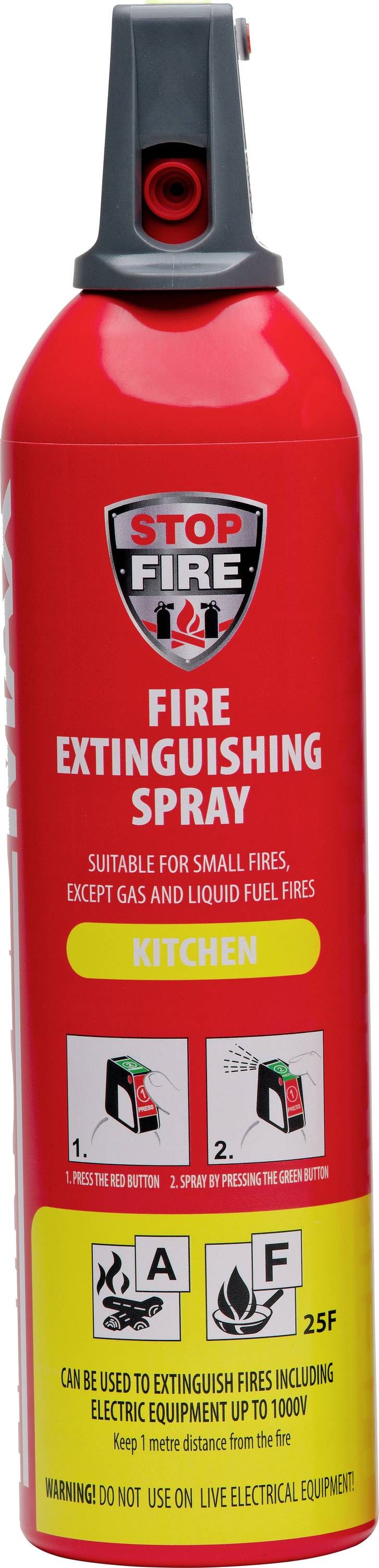 Red spray can with the inscription 'STOP FIRE: Fire Extinguishing Spray'. Suitable for kitchen fires, Classes A, F. Warning: Do not use on electrical equipment.