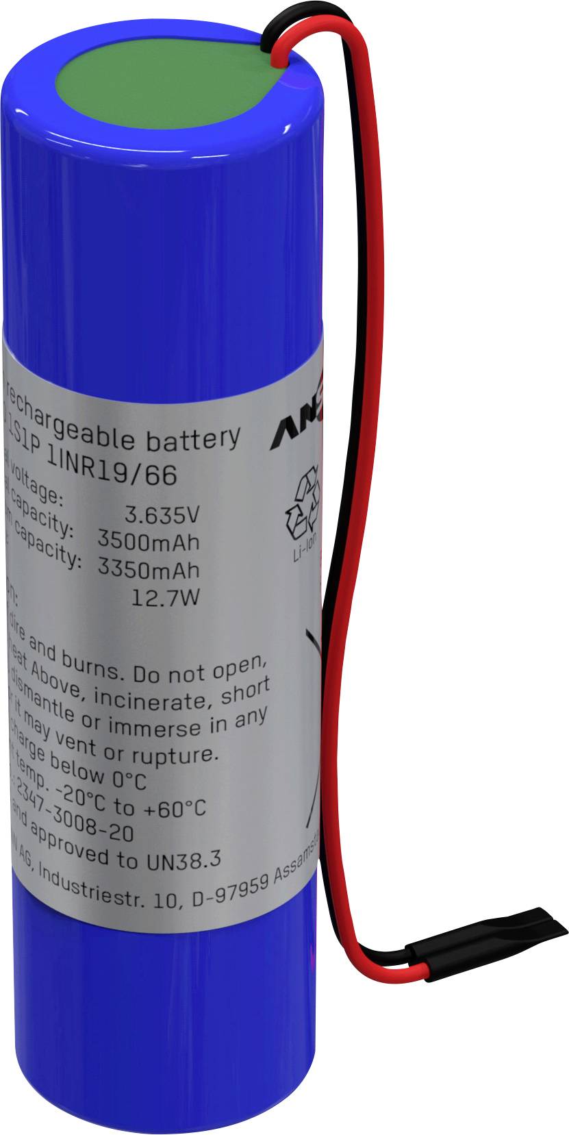 Blue cylindrical battery with red and black cable. Label shows voltage 3.635V, capacity 3500mAh, and warning notices.