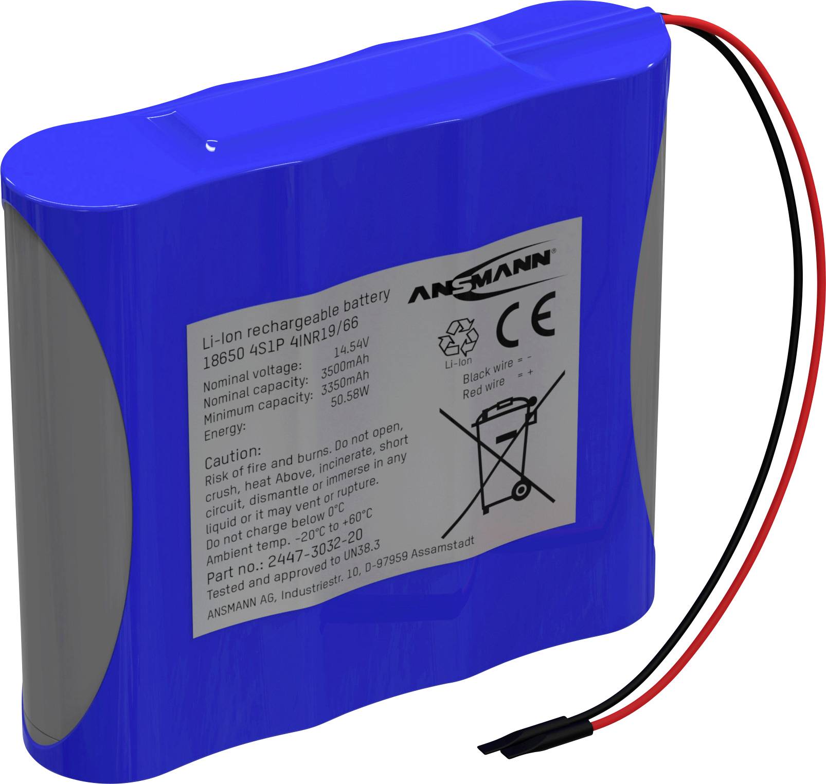 Blue li-ion battery, type 18650, with connection wires. Label shows technical specifications and warning notices.