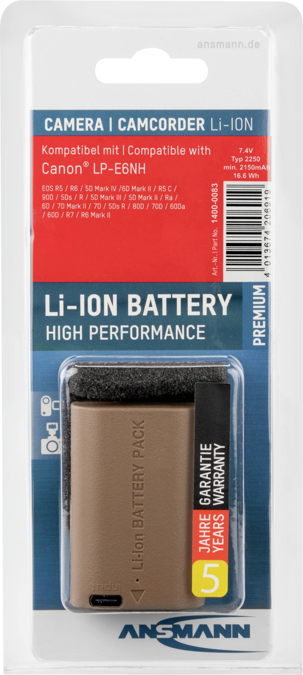 ANSMANN Kamera-Akku A-Can LPE6 NH Camera battery replaces original battery (camera) LP-E6 7.4 V 2250 mAh