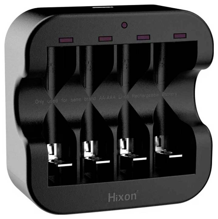 Charger for up to four AA or AAA batteries, black design, Hixon logo at the bottom.