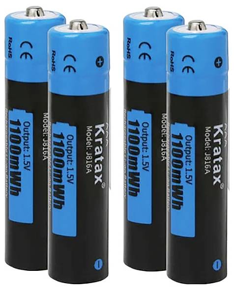 Four AA batteries by Kratax with a capacity of 1100mWh and a voltage of 1.5V. They are black and blue in colour.