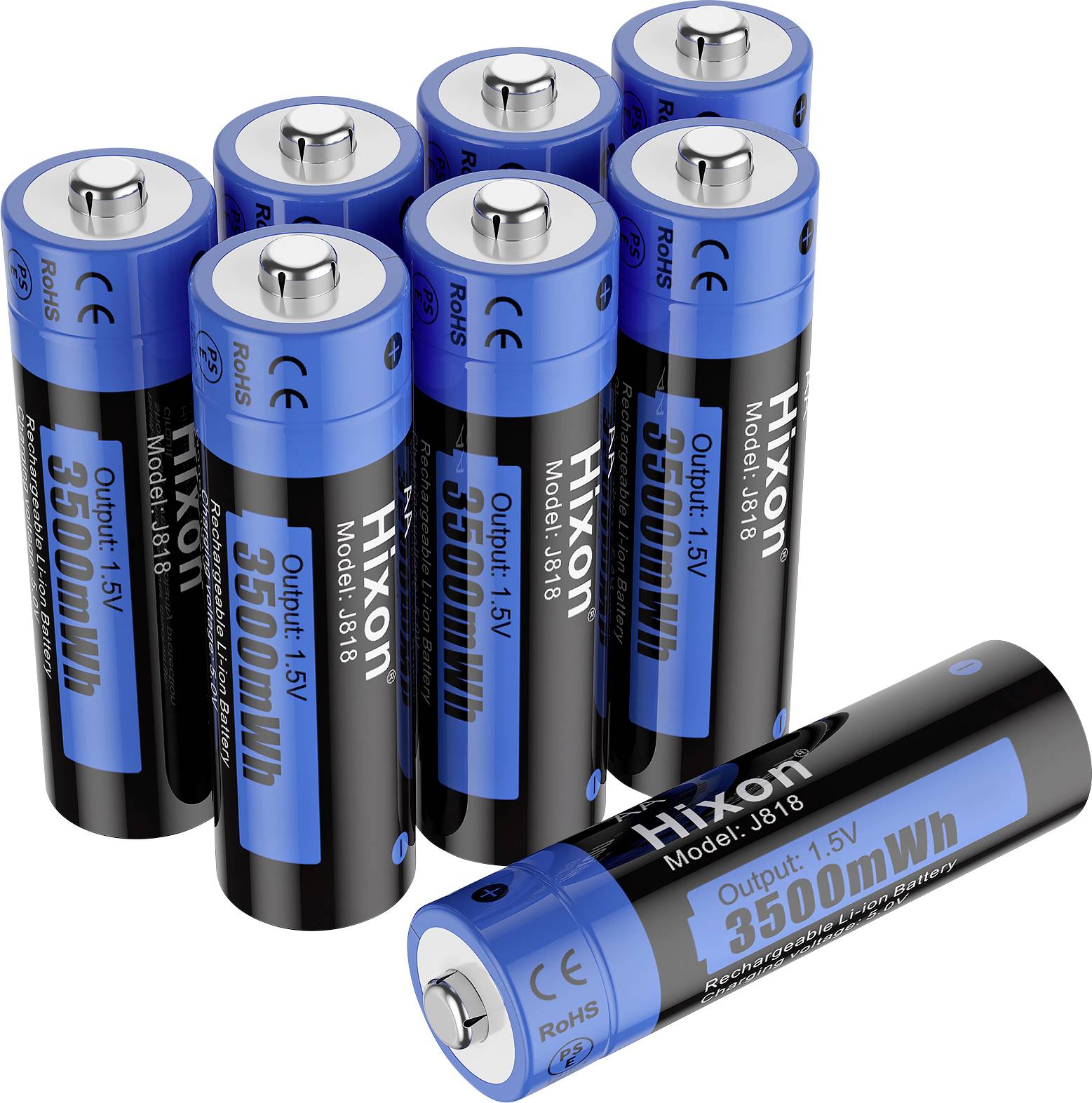 Eight black and blue batteries with the inscription '3500 mWh Output 1.5V'. One battery is placed separately to show the details.