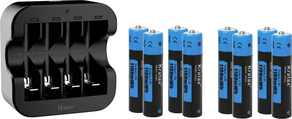 A charger with six blue and black batteries beside it.
