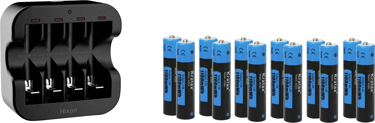 Black battery charger with four charging slots on the left, eight AA batteries with blue print on the right.
