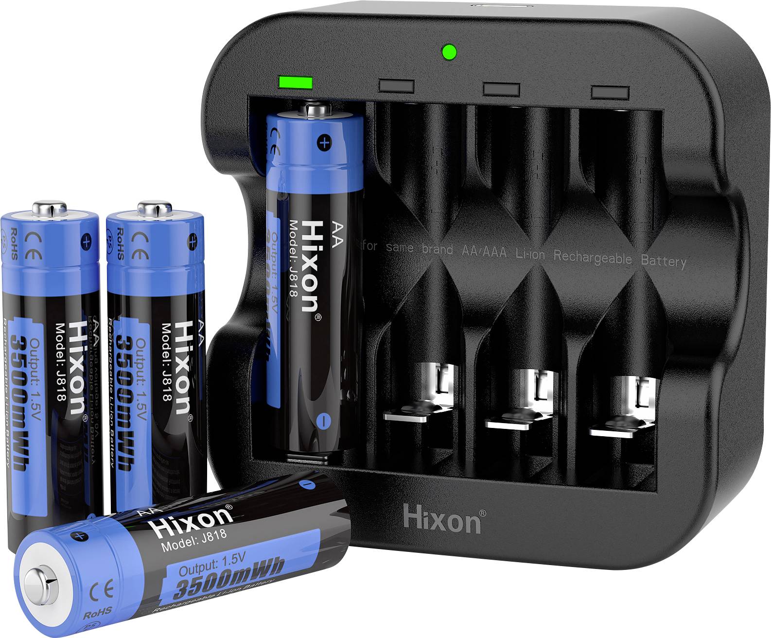 Battery charger with four slots, one of which contains an AA battery. Three additional AA batteries are positioned beside it.