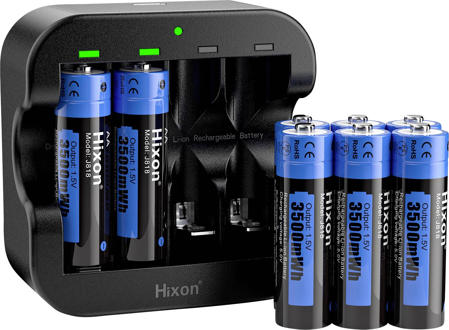 A charger with four blue rechargeable batteries inside, alongside four additional AA batteries. The charger has a black surface.