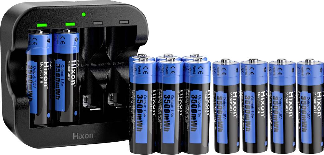 Charger with three charged, blue batteries and nine additional, lined-up batteries.