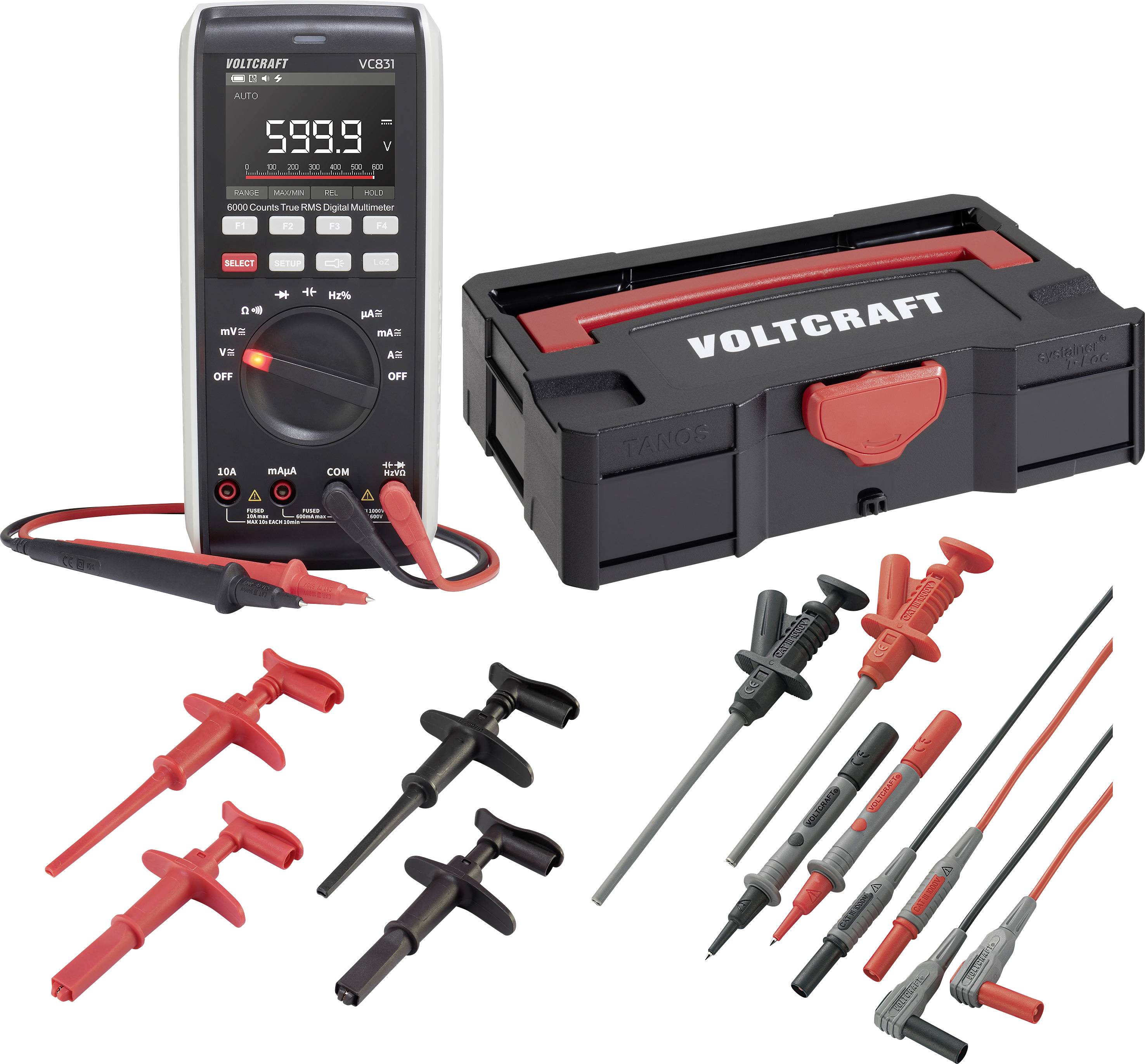 VOLTCRAFT VC-831 Handheld multimeter set with T-Loc Systainer, Alligator clips, Hook and extra. Cable set