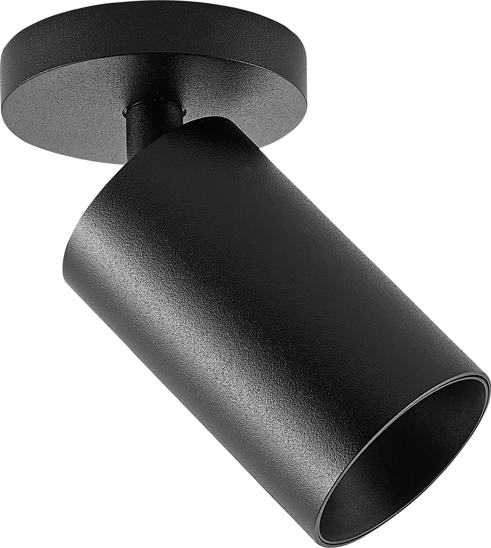Black, cylindrical ceiling light with modern design, mounted on a round base, angled downwards.