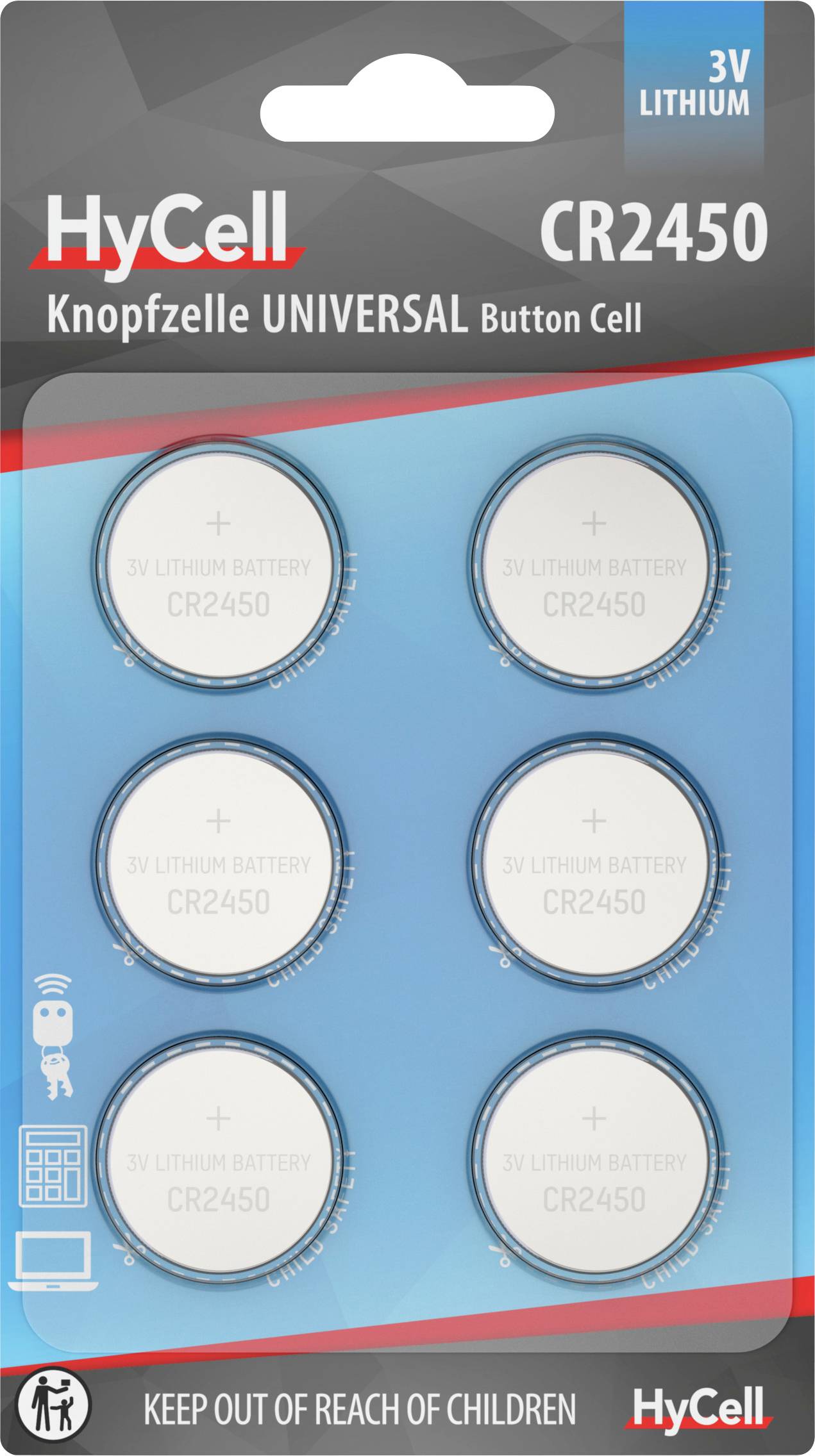 Packaging containing six CR2450 3V lithium button batteries. Note: 'Keep out of reach of children.'
