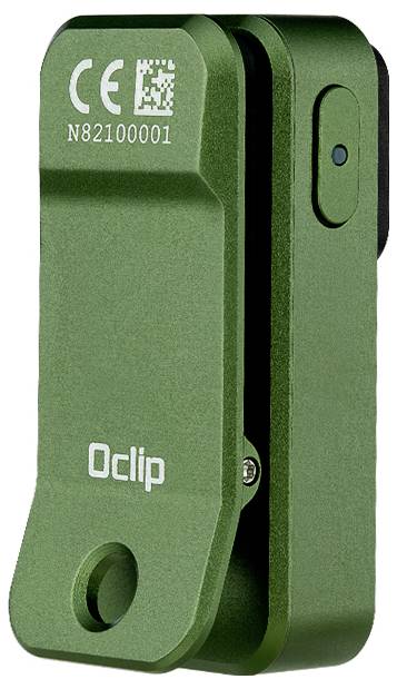 A green, rectangular device with the inscription 'Oclip'. It has a mounting aperture and is marked with a serial number.