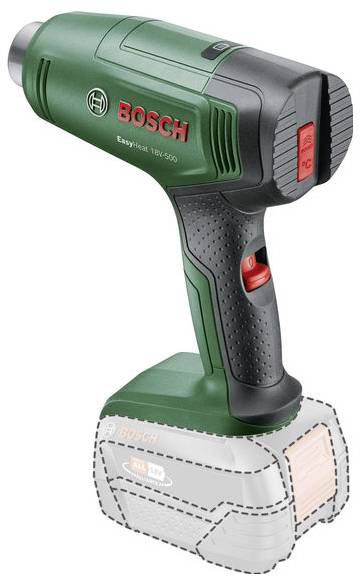Cordless hot air blower in green and black with a red switch and Bosch branding. Designed for an 18V battery, which is not pictured.