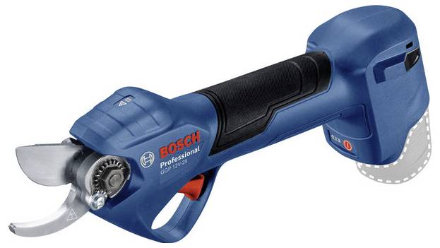 Electric blue pruning shears with a black handle by Bosch, side view.