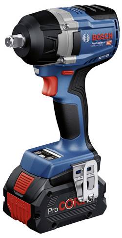 Cordless Bosch Professional screwdriver with blue housing, red handle and ProCORE 18V battery. Ideal for tradespeople.