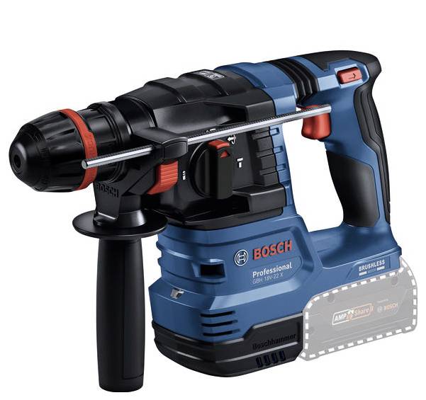 A blue, battery-powered Bosch hammer drill with black and red detailing. Suitable for professional construction or renovation work.