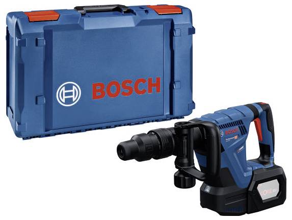 A blue Bosch drill hammer with battery and transport case. The drill hammer features an ergonomic design for professional use.