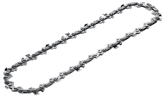 Chainsaw chain on a white background. Key component of a chainsaw. Relevant for gardening and wood cutting.