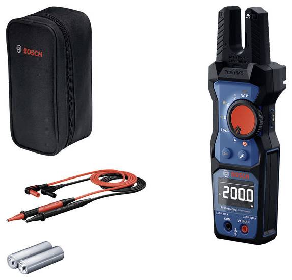 Bosch multimeter with display reading '20.0', red rotary dial, clamps, cables, batteries and carry case. Ideal for electronics professionals.