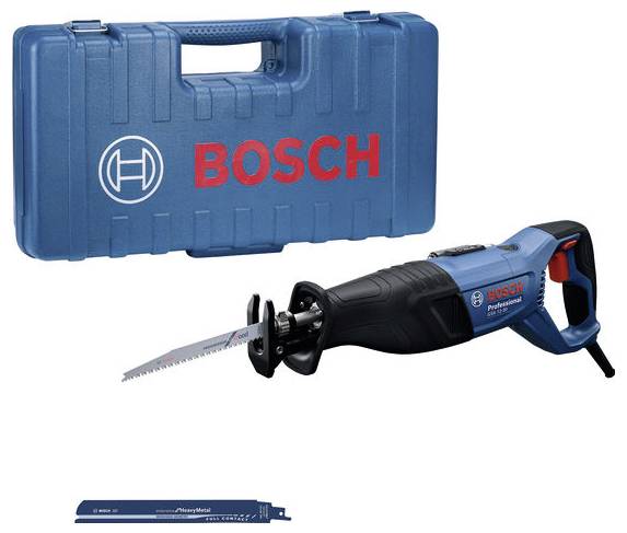 A blue Bosch reciprocating saw with a long saw blade is placed in front of a blue Bosch carrying case. A spare saw blade is positioned beside it.