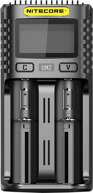 'NITECORE UM2' battery charger with two slots, display on top shows charging status, 'C' and 'V' buttons for control.