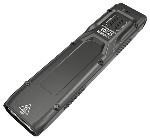 A black, compact torch with an elongated design and multiple buttons on the top and side.