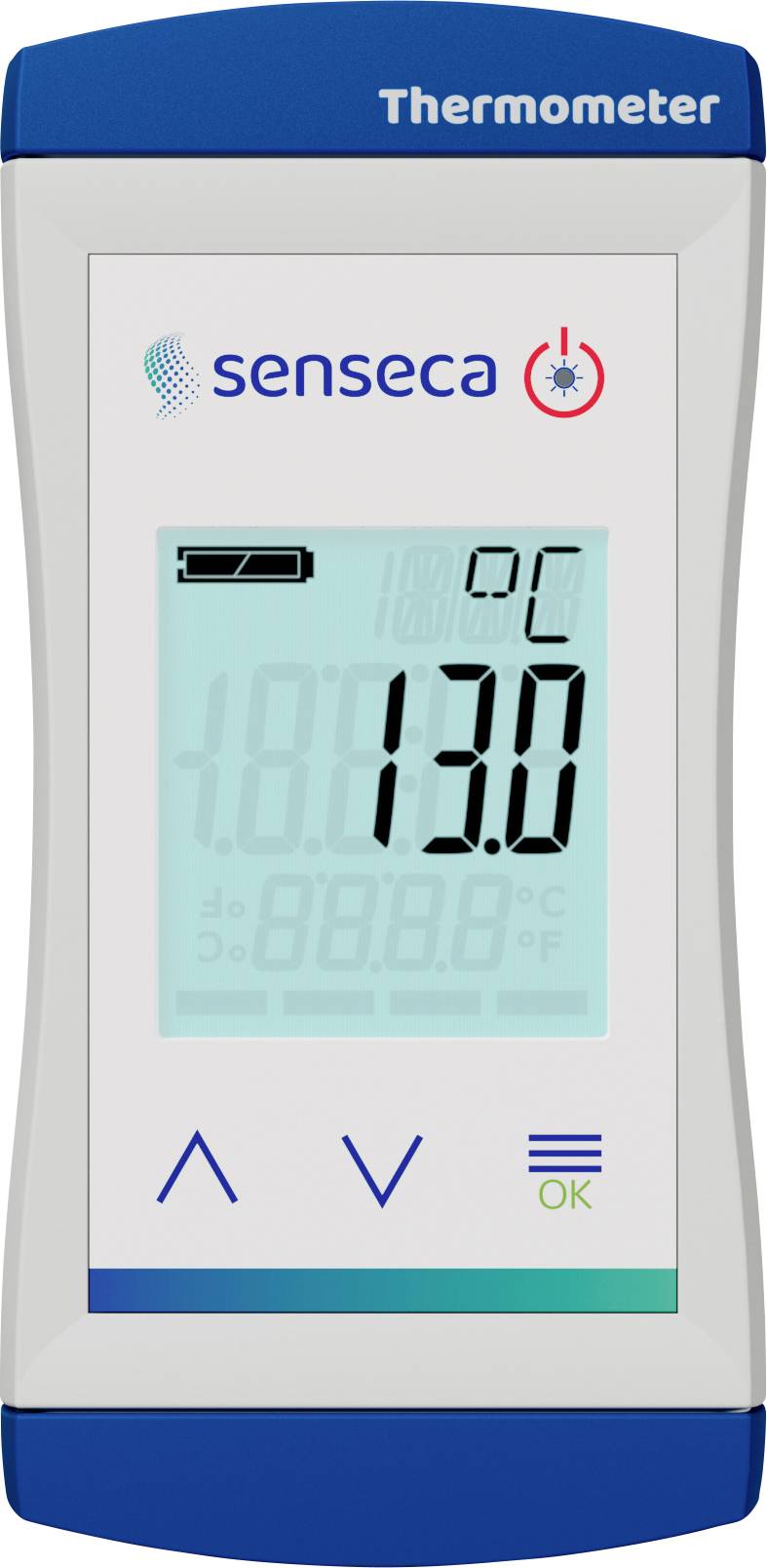 Electronic kitchen thermometer with digital display showing '13.0°C'. Logos and control buttons visible.