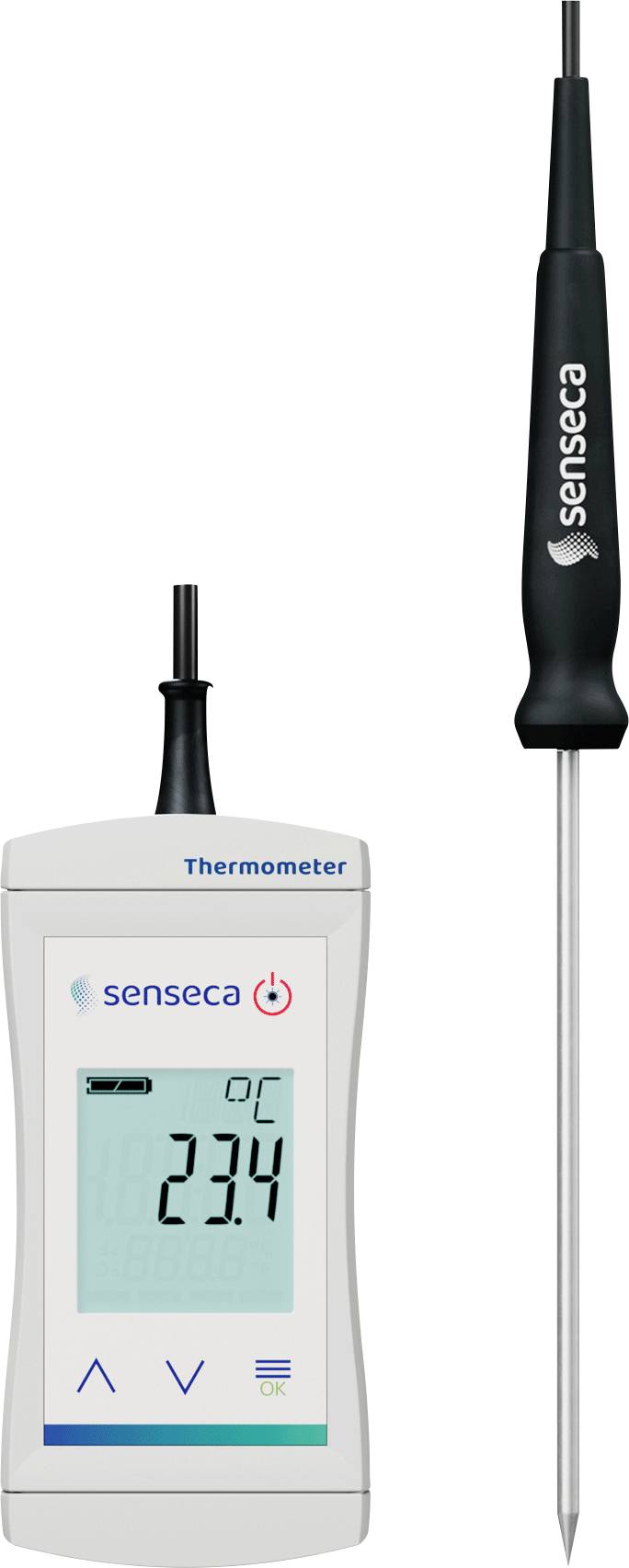 Digital thermometer showing 23.4°C with a probe attached, displaying 'senseca' branding on both devices.