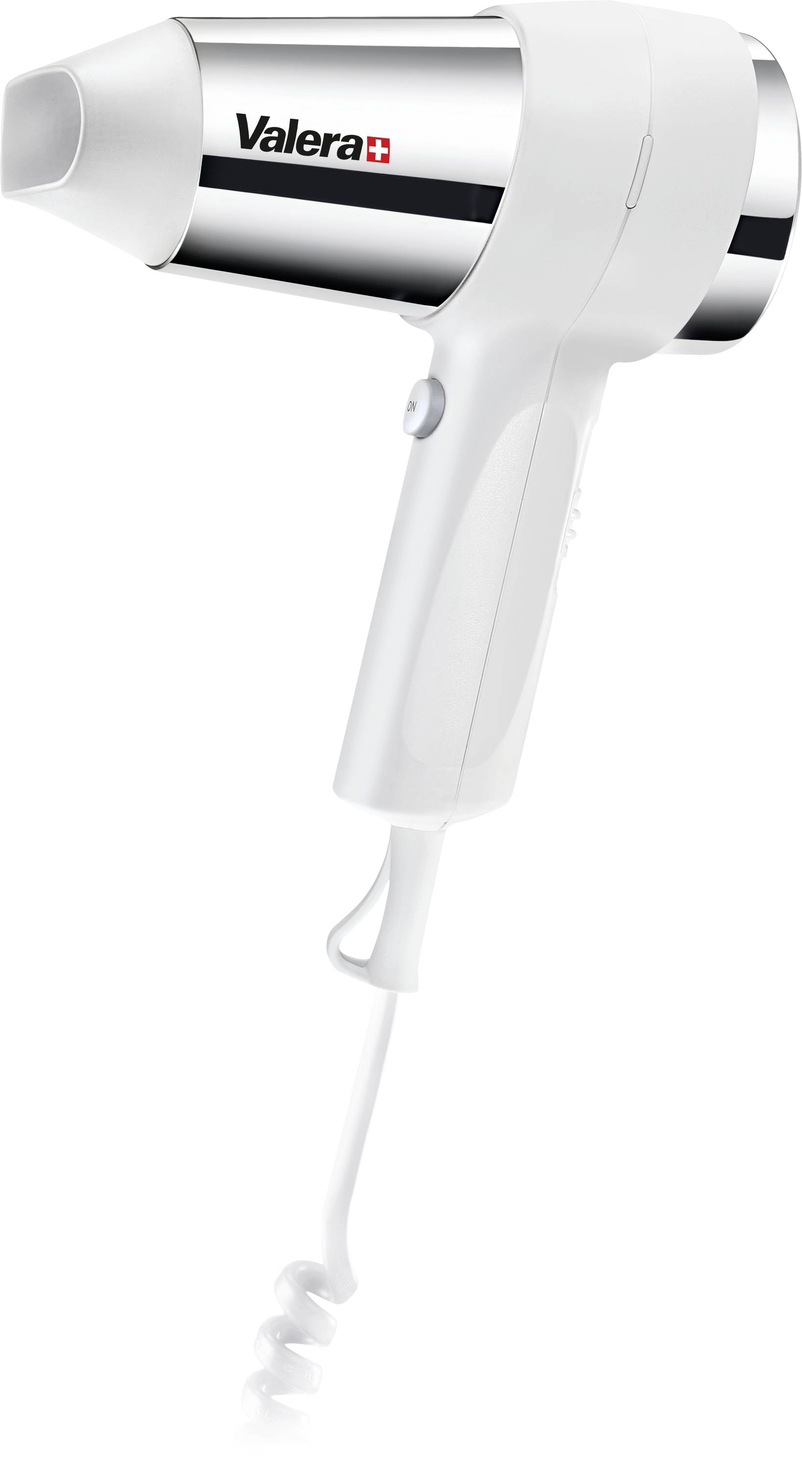 A white and chrome hairdryer with a spiral cord and the brand name 'Valera' on the side.