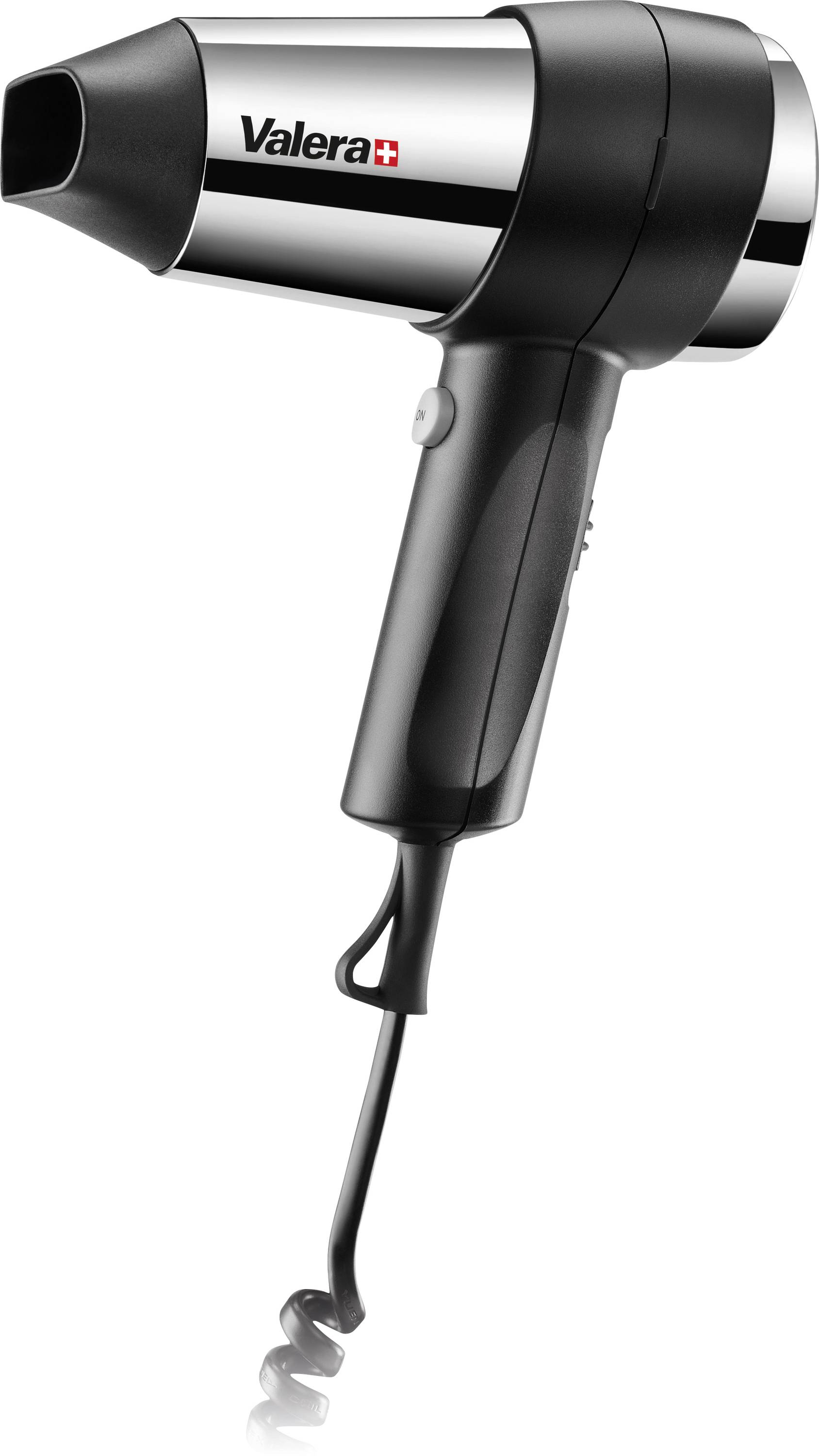 A sleek black and silver hairdryer with the brand 'Valera' displayed, featuring a modern design and coiled power cord.