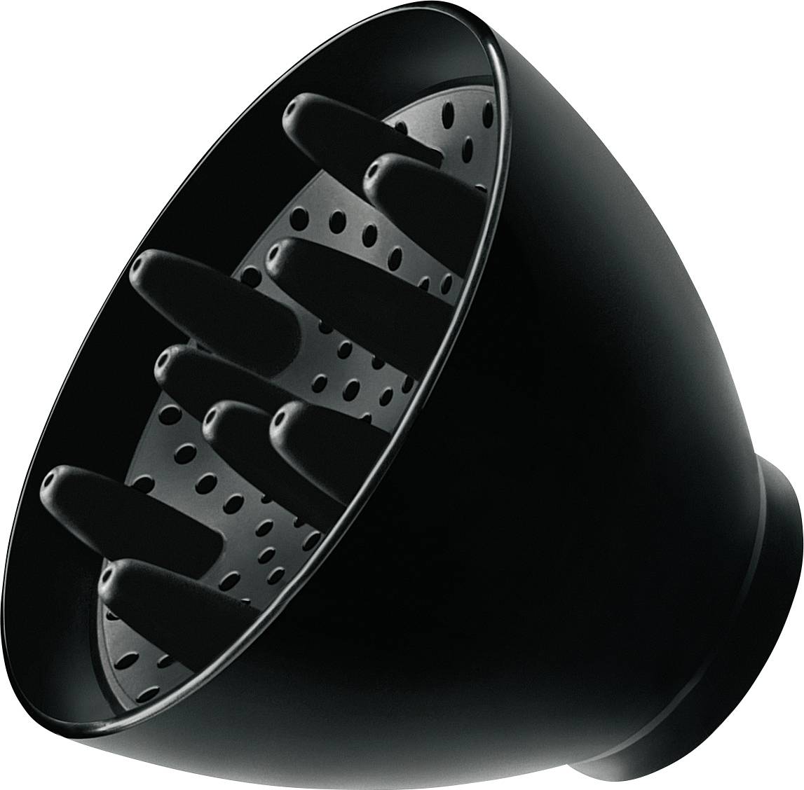 A black hairdryer diffuser with multiple long, rounded prongs and holes for even air distribution when drying hair.