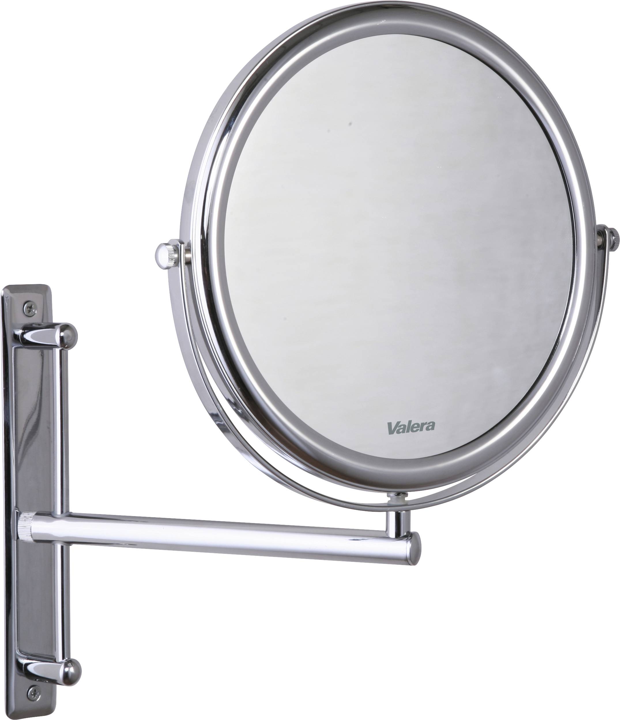 Round, adjustable wall mirror with silver frame, mounted on a pivoting arm. Mirror brand 'Valera'. Ideal for bathrooms.