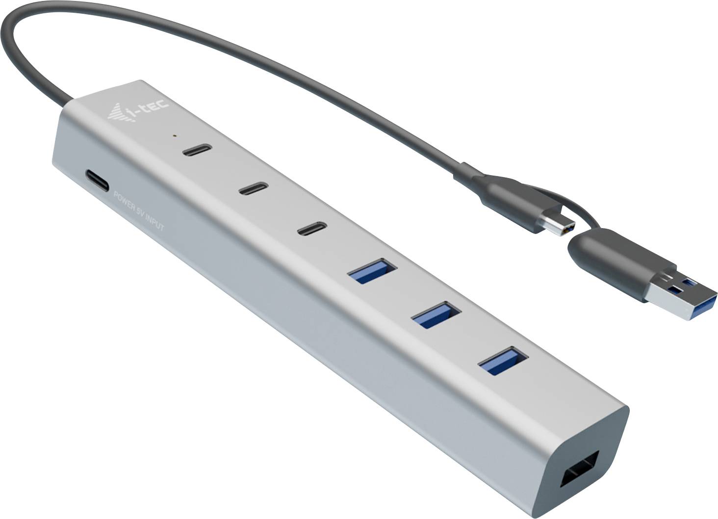 Silver USB hub with four USB ports and one USB-C port. A USB-C cable connection is placed to the side.