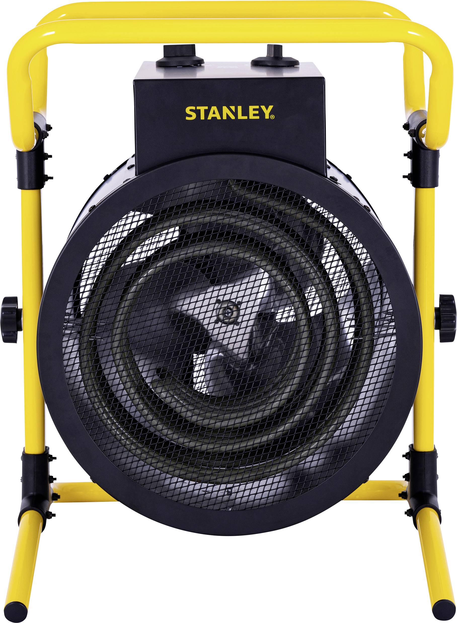 Yellow and black industrial fan heater with visible front grille and Stanley logo on top. Mounted in a yellow frame.