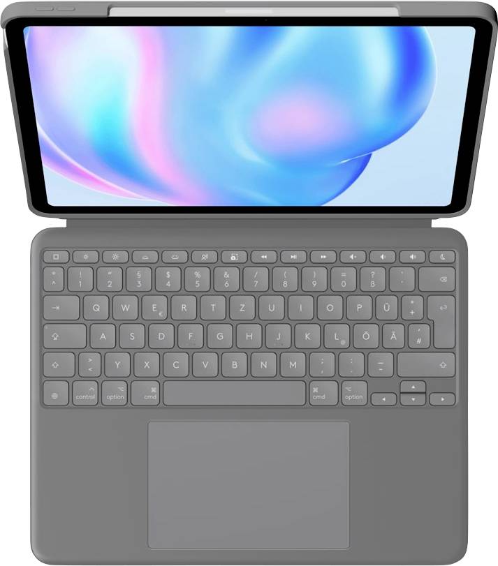 A tablet with a keyboard case, screen displaying an abstract, colourful design. Keyboard visible in QWERTZ layout.