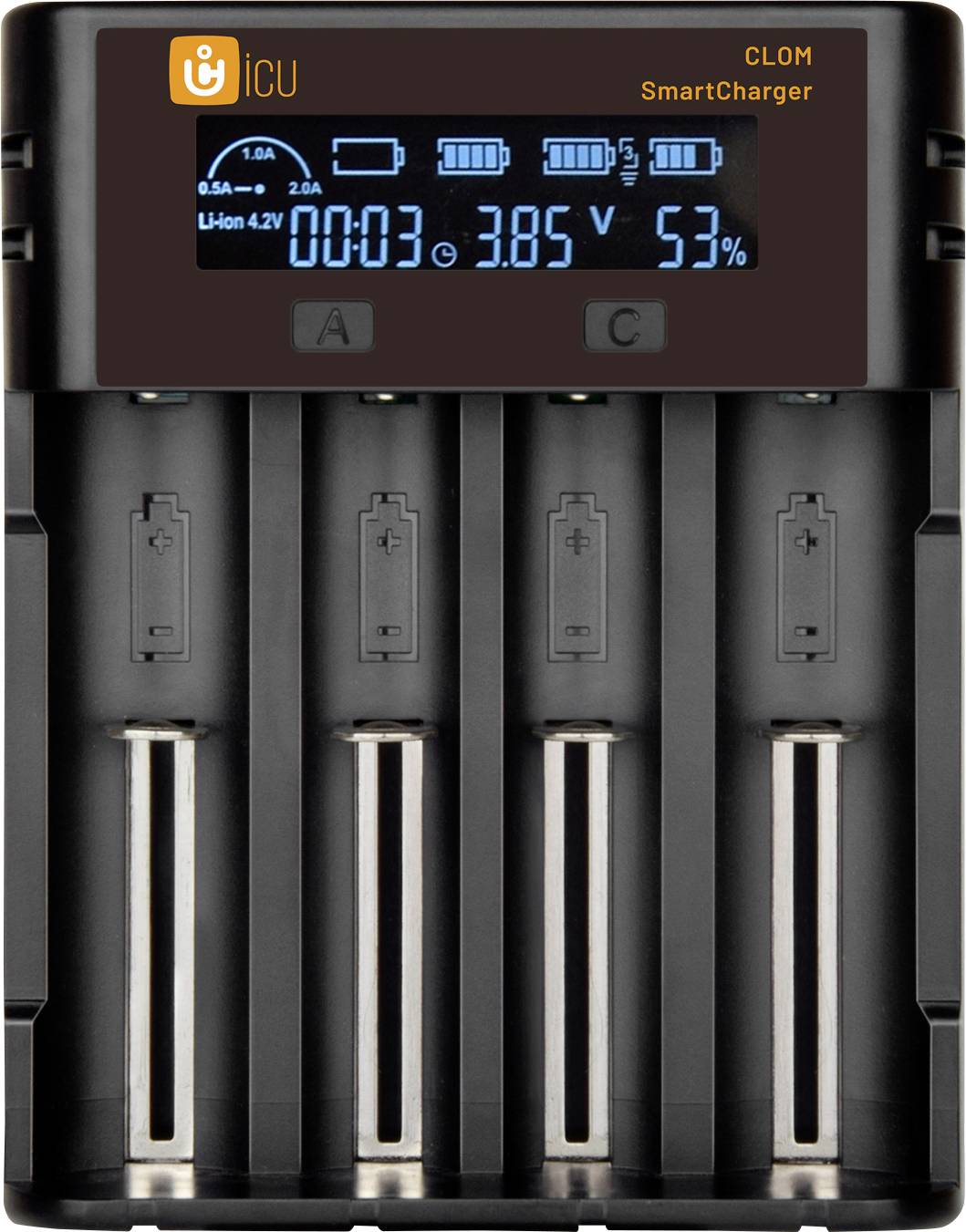 A battery charger with four charging slots; screen displays charge level: 3.85V, 53%. Brand name 'iCU' and 'SmartCharger' visible.