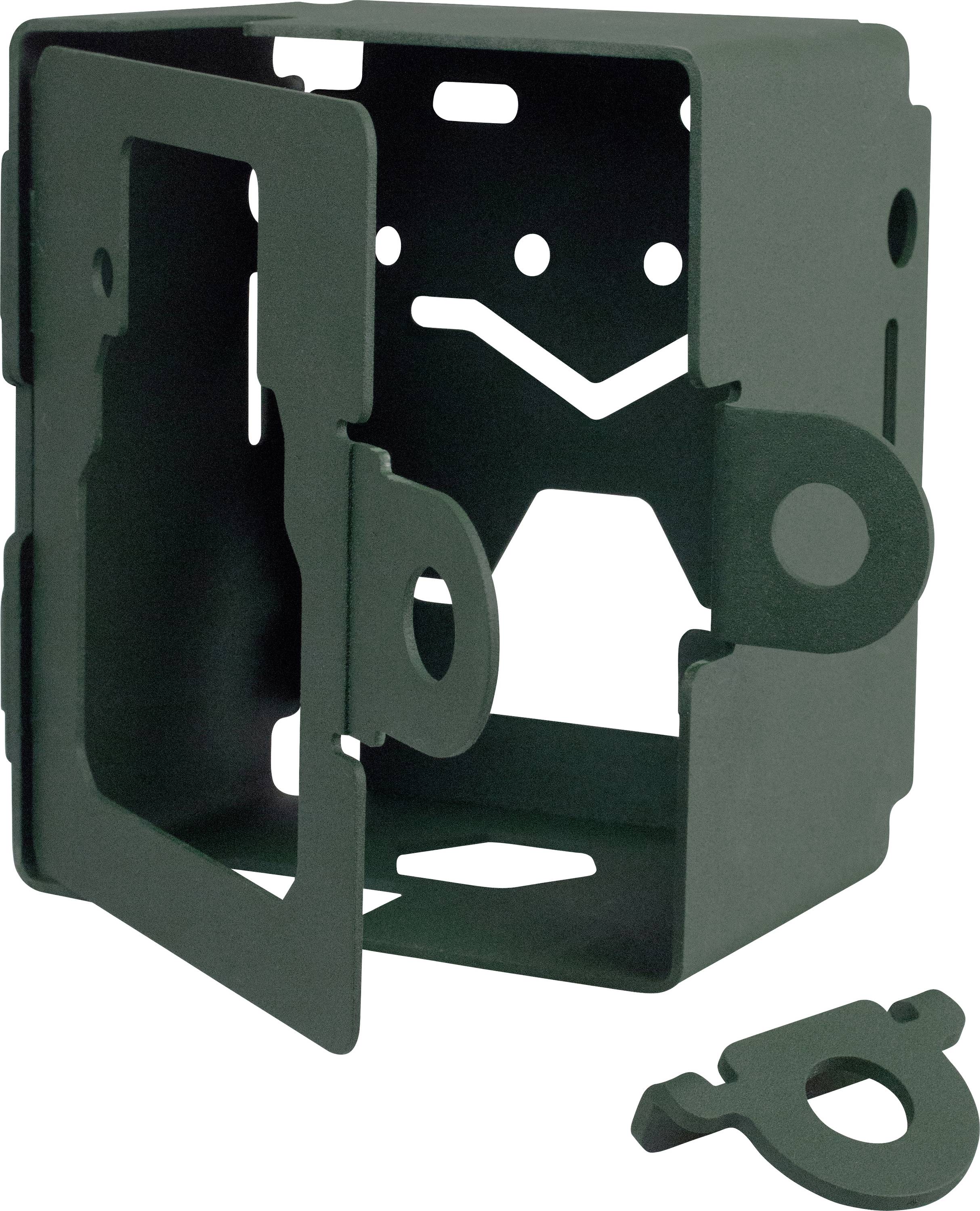 A green, rectangular metal case with a hinge and side-mounted latches, partially open; a removable part beside it.