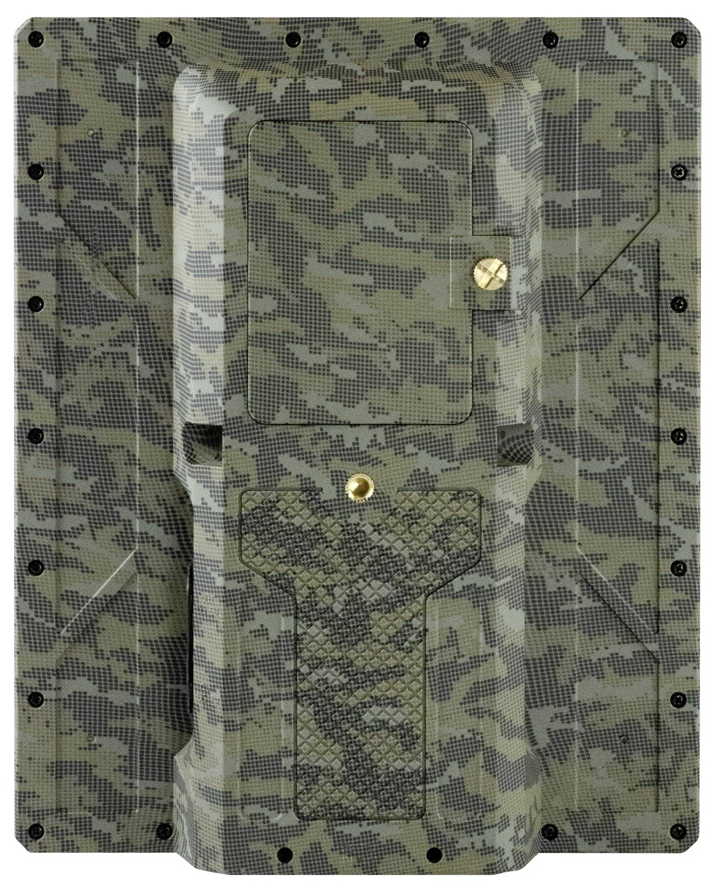 Hunting camera in camouflage pattern with integrated lock and lens, used for wildlife observation.