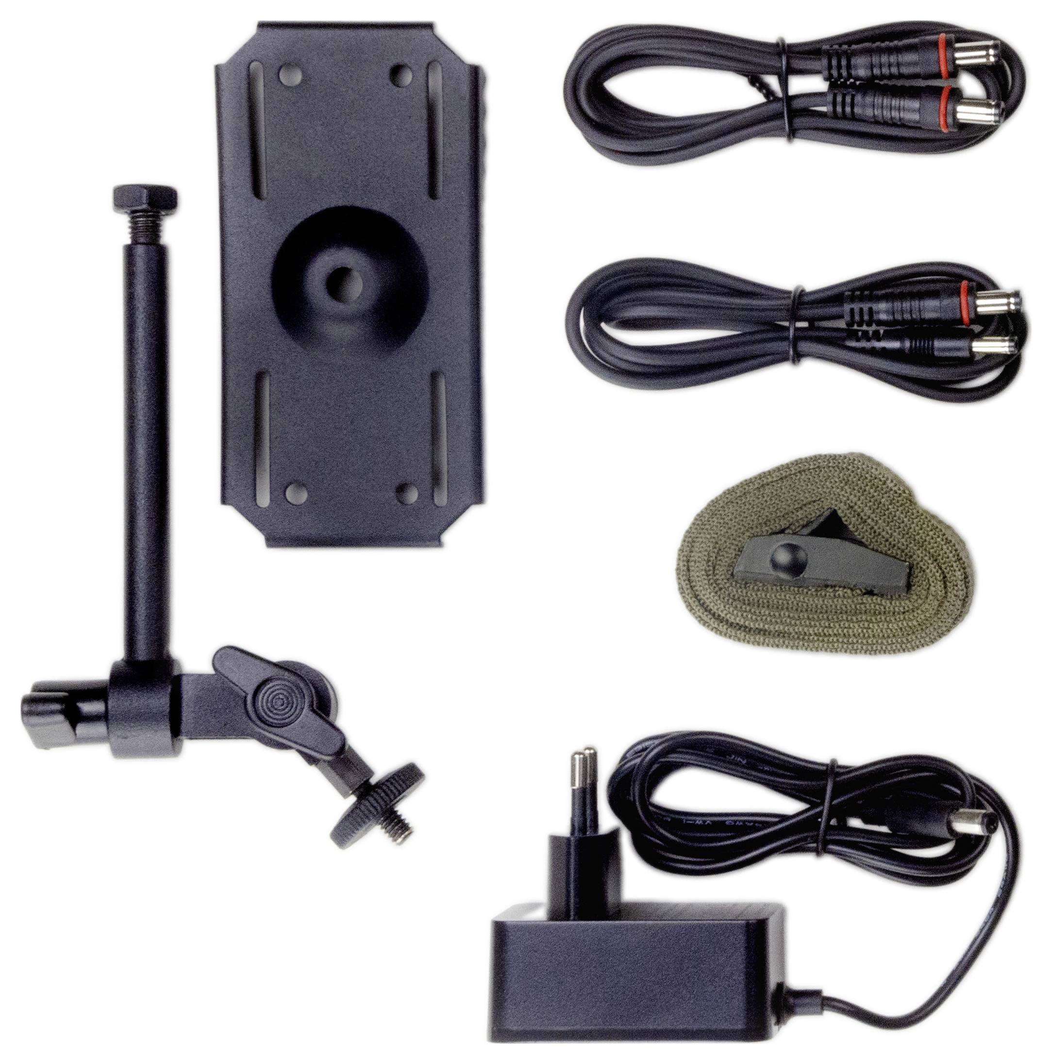 Wall mount, three cables, one power supply and a fabric strap on a white background. Accessories for device installation, such as cameras.