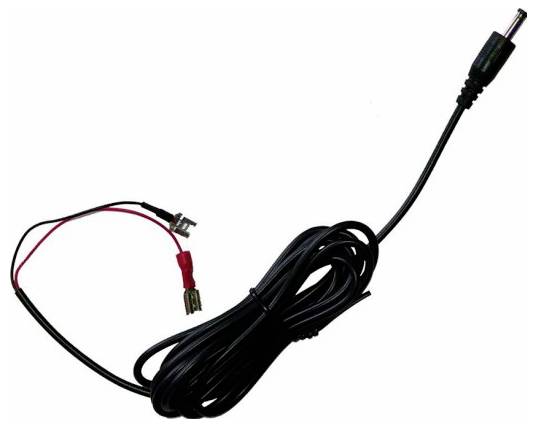 A black power cable with a plug connector at one end and exposed wires at the other, suitable for electronic devices.